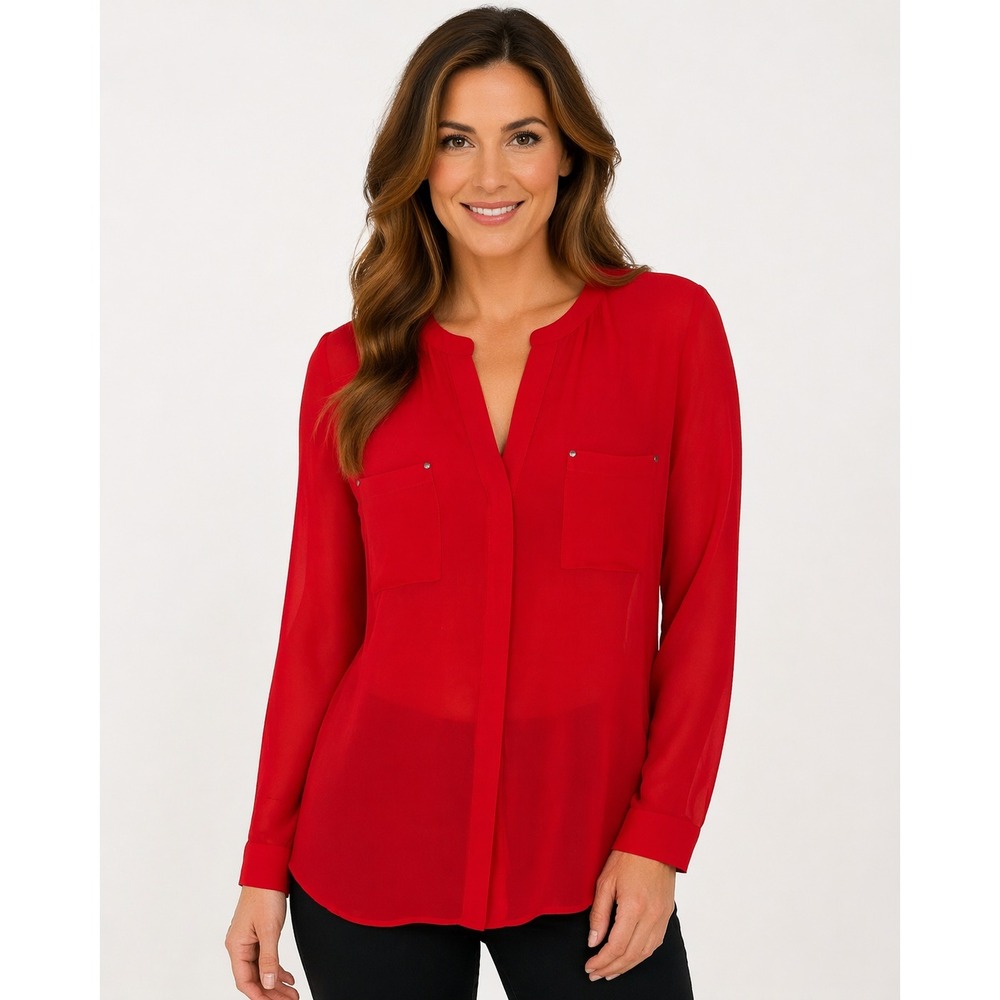 Apt. 9 Blouse Top Women's XL Red Polyester Sheer Tunic Split Neck Party Cocktail